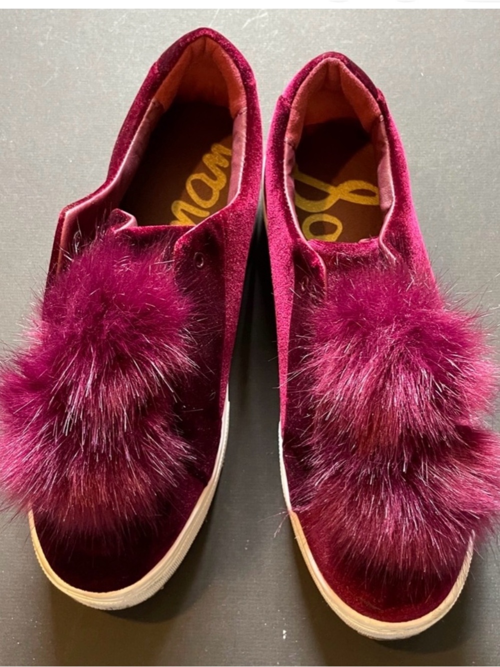 Sam Edelman. Plush Velvet Slip-On Sneakers with Faux Pom Pom - Wine